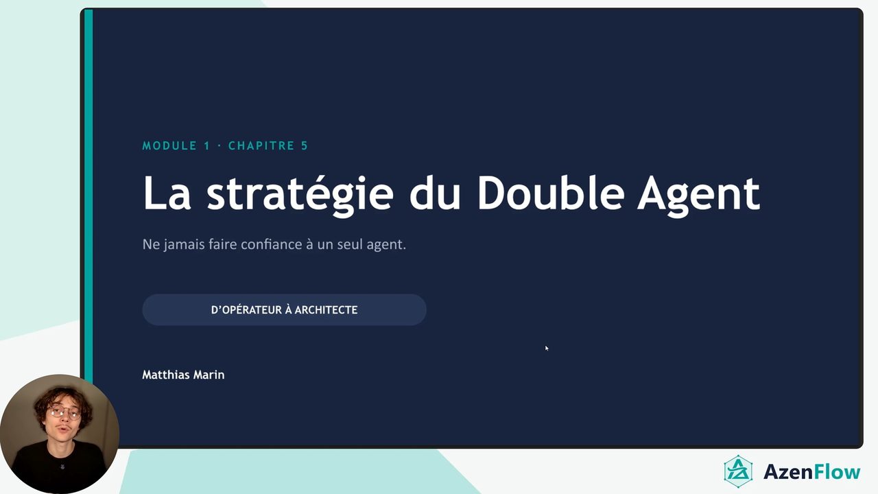Début de l’extrait : la diapositive titre « La stratégie du Double Agent », avec Matthias Marin en incrustation.